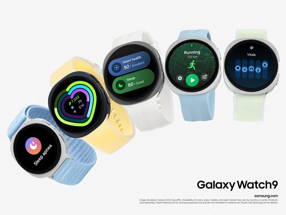Galaxy Watch9 está disponible con correas en diferentes materiales y colores, incluidas opciones de silicón suave y tela ligera.